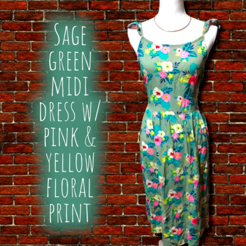 Sage Green Midi Dress w/Pink & Yellow Floral Print